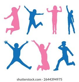 Silhouette of kids playing. Blue and pink silhouettes set of jumping up children boys and girls. Vector illustration.