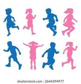 Silhouette of kids playing. Blue and pink silhouettes set of jumping up children boys and girls. Vector illustration.