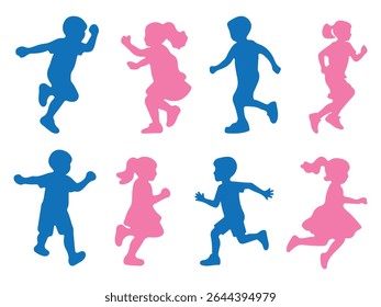 Silhouette of kids playing. Blue and pink silhouettes set of jumping up children boys and girls. Vector illustration.