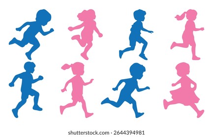 Silhouette of kids playing. Blue and pink silhouettes set of jumping up children boys and girls. Vector illustration.