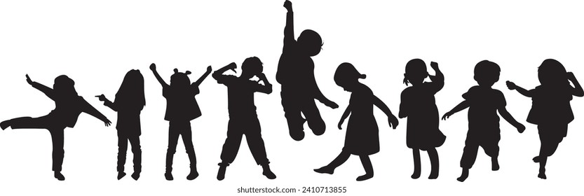 silhouette of kids playing happily jumping and dancing, white background silhouette vector illustration