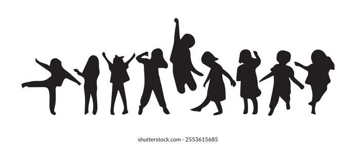 silhouette of kids playing happily jumping and dancing vector illustration. Eps 10