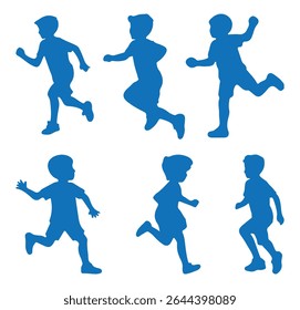 Silhouette of kids playing. Vector illustration of running boy silhouette in blue color. Running kid child silhouettes collection. Vector illustration.