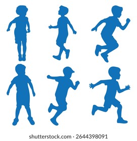 Silhouette of kids playing. Vector illustration of running boy silhouette in blue color. Running kid child silhouettes collection. Vector illustration.