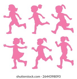 Silhouette of kids playing. Vector illustration of running girl silhouette in pink color. Running kid child silhouettes collection. Vector illustration.