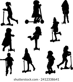 silhouette kids riding scooter vector