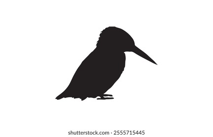 Silhouette of a kingfisher bird with distinct beak and perched pose, isolated on a clean white background for design use.