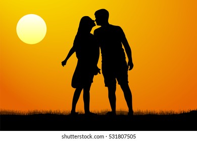 Silhouette kiss of young man and woman on sunset background, vector illustration