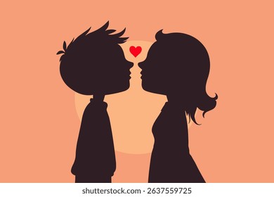 Silhouette of kissing couple with heart symbol. Flat minimalistic vector illustration.