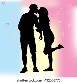 Silhouette of a kissing couple. Kiss the girls and boys. Vector illustration.