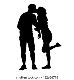 Silhouette of a kissing couple. Kiss the girls and boys. Vector illustration.