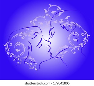 Silhouette of kissing couple on a background of vintage pattern. Vector