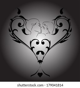 Silhouette of kissing couple on a background of vintage pattern. Vector