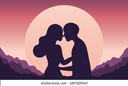 Silhouette of kissing couple on sunset background vector illustration.  Love and happy valentine's day concept