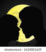 Silhouette of kissing lovers with moon background,vector illustration.