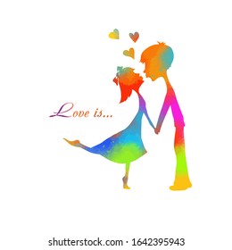 The silhouette of kissing multi-colored people. Love is a kiss. mixed media. Vector illustration