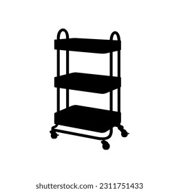 Silhouette von Küchenkarte oder Mehrzweckhouette 3-Tier Walzen Metall-Utility. Ideal für die Aufbewahrung von Werkzeugen, Geräten, Vorräten, Lebensmitteln, Getränken, Pflegeprodukten. Symbolvektorgrafik im trendigen Stil.