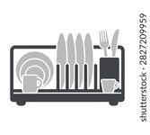 Silhouette of kitchen dish rack holding plates, mugs, and cutlery. Modern grey icon for home organization, cleaning, and daily household chores.