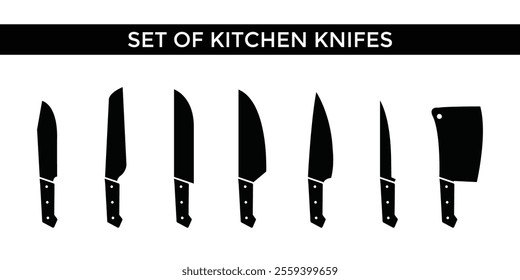 Silhouette Kitchen Knife Set Featuring Chef's Knife, Cleaver, Paring Knife, and Utility Knives for Culinary Graphics, Restaurant Branding, Cooking Tools, Kitchen utensil, and Food Design Elements