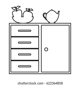 silhouette of kitchen shelf and drawers with tea kettle and fruits vector illustration