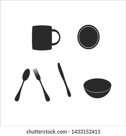 silhouette kitchen tools set  mug, plate, spoon, fork, bowl and steak knife vector design isolated
