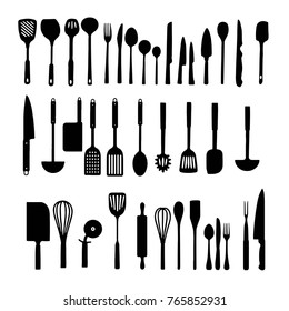 silhouette of kitchenware, spoon, knife, fork
