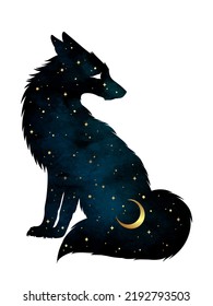 Silhouette of kitsune fox magic animal with night sky with crescent moon gothic tattoo design isolated vector illustration