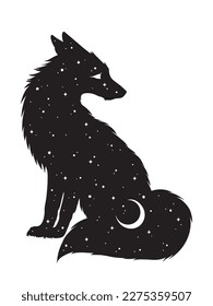 Silhouette of kitsune fox magic animal with night sky with crescent moon gothic tattoo design isolated vector illustration