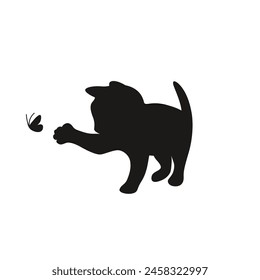 Silhouette of a kitten with a butterfly in a vector, flat style.