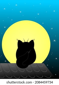silhouette of a kitten on the background of the moon
