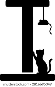 Silhouette of a kitten playing with a hanging toy mouse on cat scratching post silhouette scratching domestic furniture