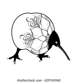 Silhouette of a kiwi bird with a pattern drawn by a black line inside