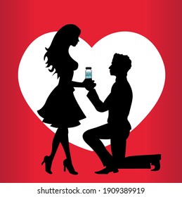 Silhouette of a kneeling man handing his beloved woman a bottle of vaccine for covid on Valentine's day