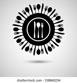 Silhouette of knife, fork and spoon on plate. eps10