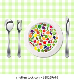 Silhouette of knife, fork, spoon and plate with fruit and vegetables