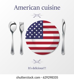 Silhouette of knife, fork, spoon and plate with american flag