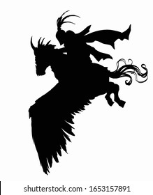 Silhouette of a knight in a cloak and helmet with a tail, flying through the sky on top of a Pegasus with huge wings and a horn on his head, drawing isolated on a white background . 2D illustration.
