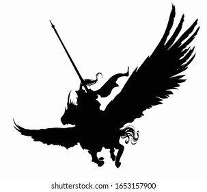 The silhouette of a knight in a cloak and helmet with a tail, with a huge lance ready, flies through the sky on top of a Pegasus with huge wings and a horn on his head.Isolated on a white background 
