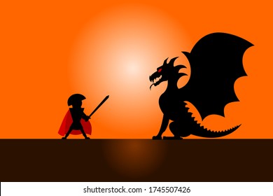 The silhouette of the knight fighting the dragon. Vector illustration