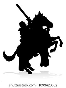 A silhouette knight holding a sword and shield on the back of horse