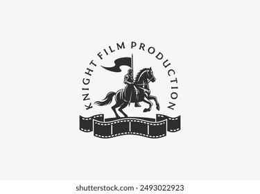 Silhouette of Knight Horse, Medieval Warrior Horse carrying War Banner Flag for production film logo design