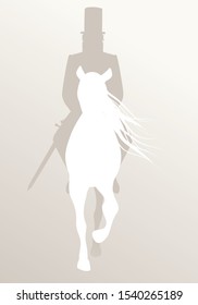 Silhouette of knight riding white horse, sword in hand, wearing hat and old clothes 