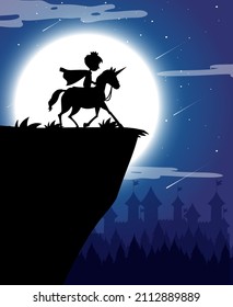 Silhouette knight ridng unicorn with full moon background illustration