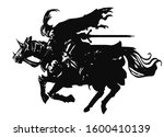 The silhouette of a knight rushing with great speed on horseback with a sword, in armor, a ragged cloak, and a helmet with a feather. 2D Illustration.