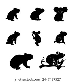 silhouette of a koala group side view isolated with white background