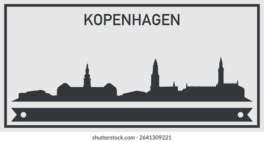 Silhouette of Kopenhagen city skyline with minimalistic design in black and gray color scheme and decorative ribbon for text on the bottom. Vector on a gray background