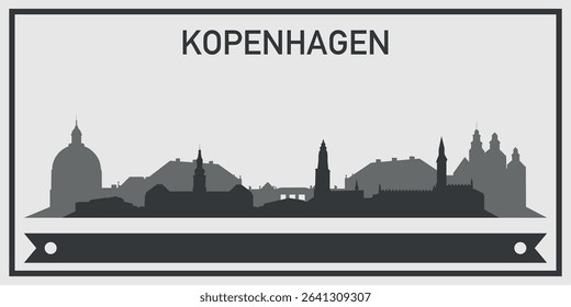 Silhouette of Kopenhagen city skyline with minimalistic design in black and gray color scheme and decorative ribbon for text on the bottom. Vector on a gray background