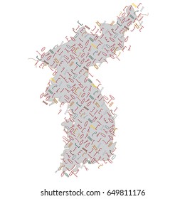 The silhouette of Korea filled with symbols of the Korean alphabet. The inscription is Korea. Colored Vector illustration. 