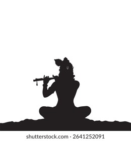 a silhouette of krishna playing the flute while seated in a lotus position, radiating serenity and spiritual harmony. Simple black and white art.
