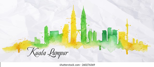 Silhouette of Kuala Lumpur city drawing with splashes of watercolor drops 
 landmarks in yellow green colors